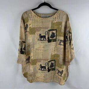 Vintage 100% Silk Safari Newspaper Print Tunic Blouse